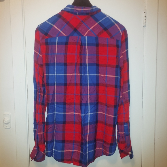 Simons Icone Plaid Boyfriend Long Sleeve Button Up Shirt Blue Red sz M - Picture 5 of 10